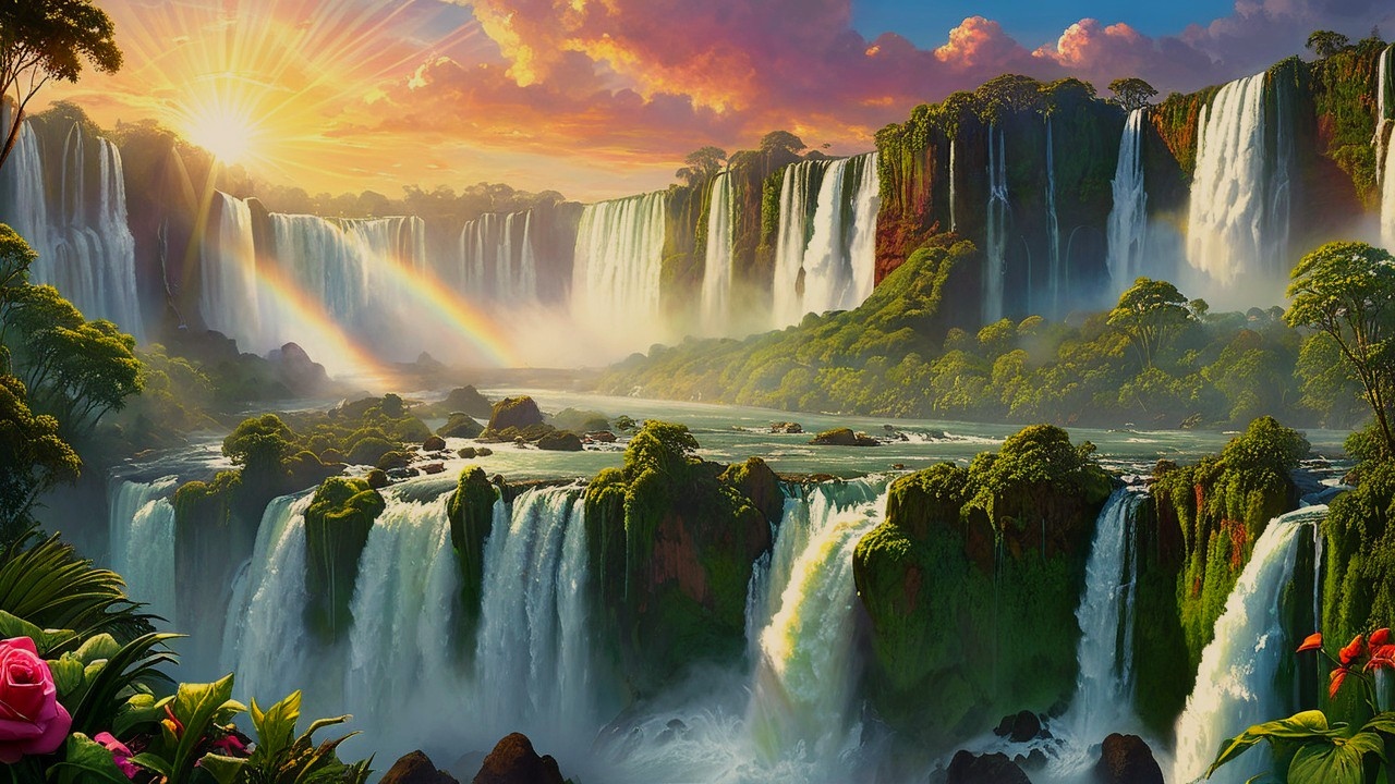 Majestic Waterfalls in Lush Green Landscape