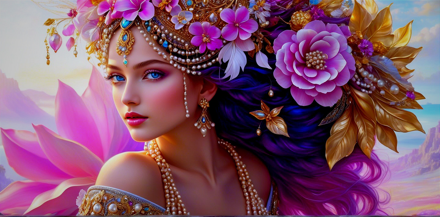 Ethereal Woman with Flowers and Intricate Jewelry