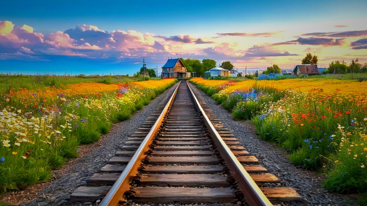Serene Railway Tracks by a Rustic House at Sunset