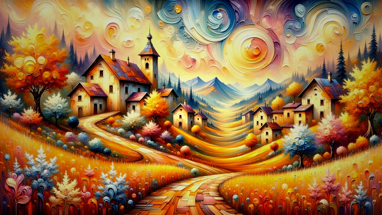 Vibrant Village Landscape with Autumn Colors and Hills