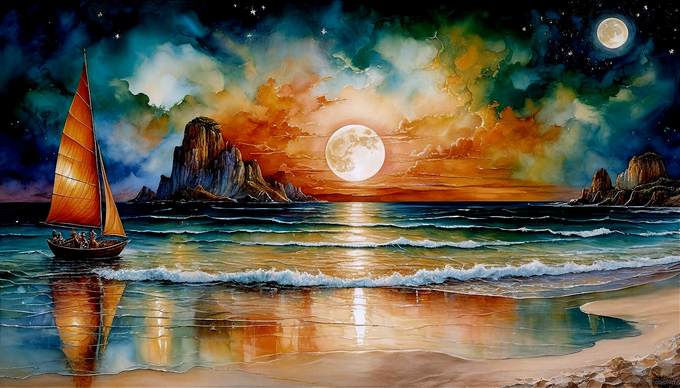 Vibrant Sunset and Full Moon Over Serene Seascape
