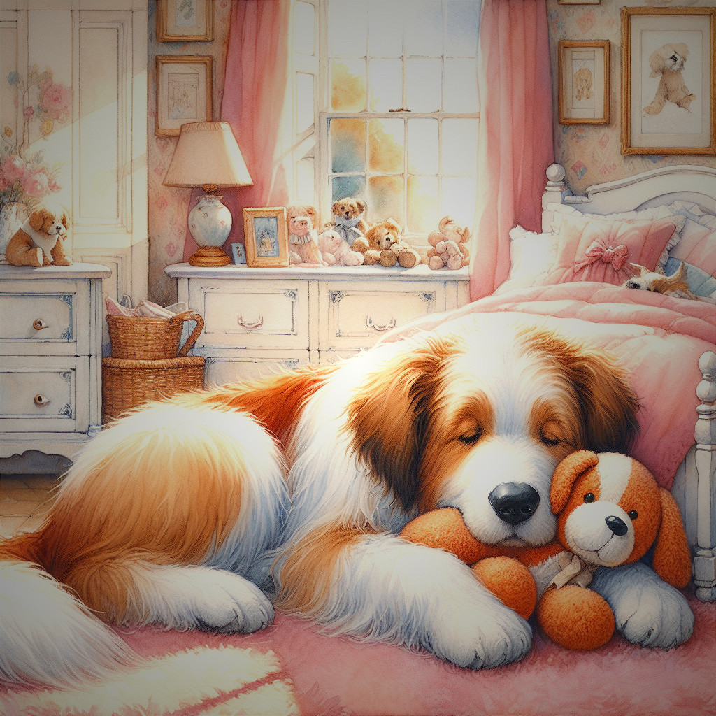 Golden and white dog sleeping on pink blanket in bedroom