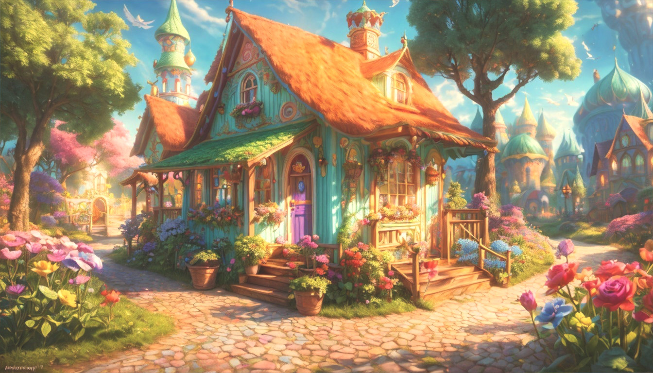 Whimsical Cottage in Vibrant Floral Surroundings