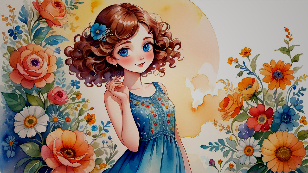 Animated girl in blue dress among vibrant flowers