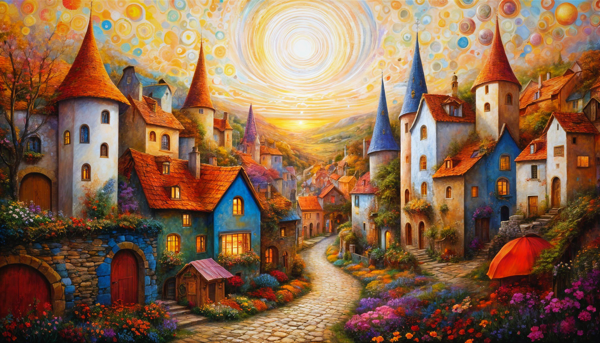 Whimsical Village Scene with Colorful Cottages and Sky