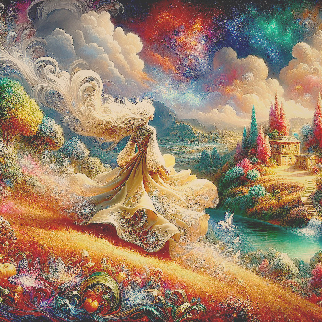 Vibrant Dreamlike Landscape with Flowing Figure