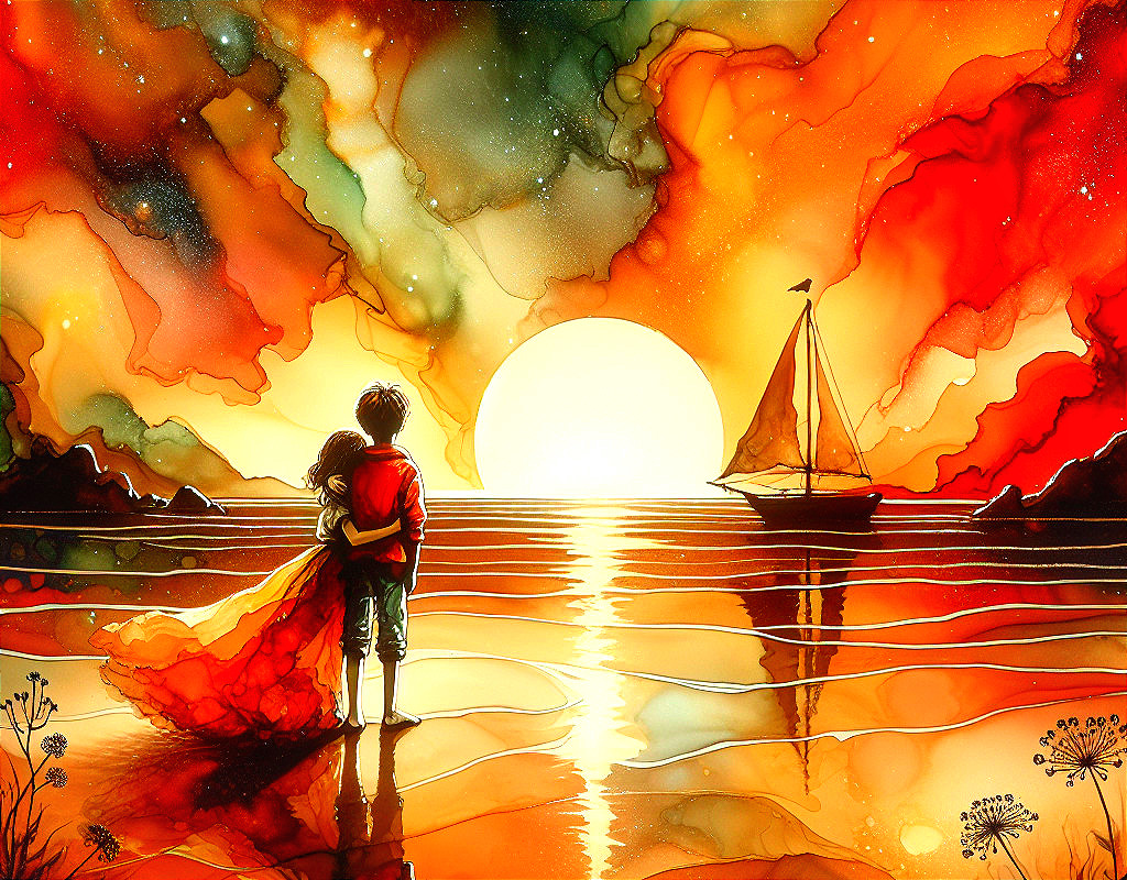 Vibrant Sunset Over Calm Sea with Embracing Couple