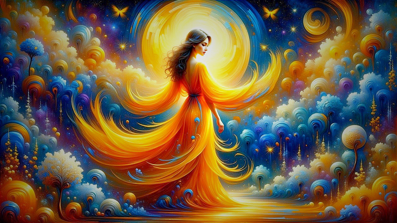 Woman in Orange Dress Against Cosmic Backdrop