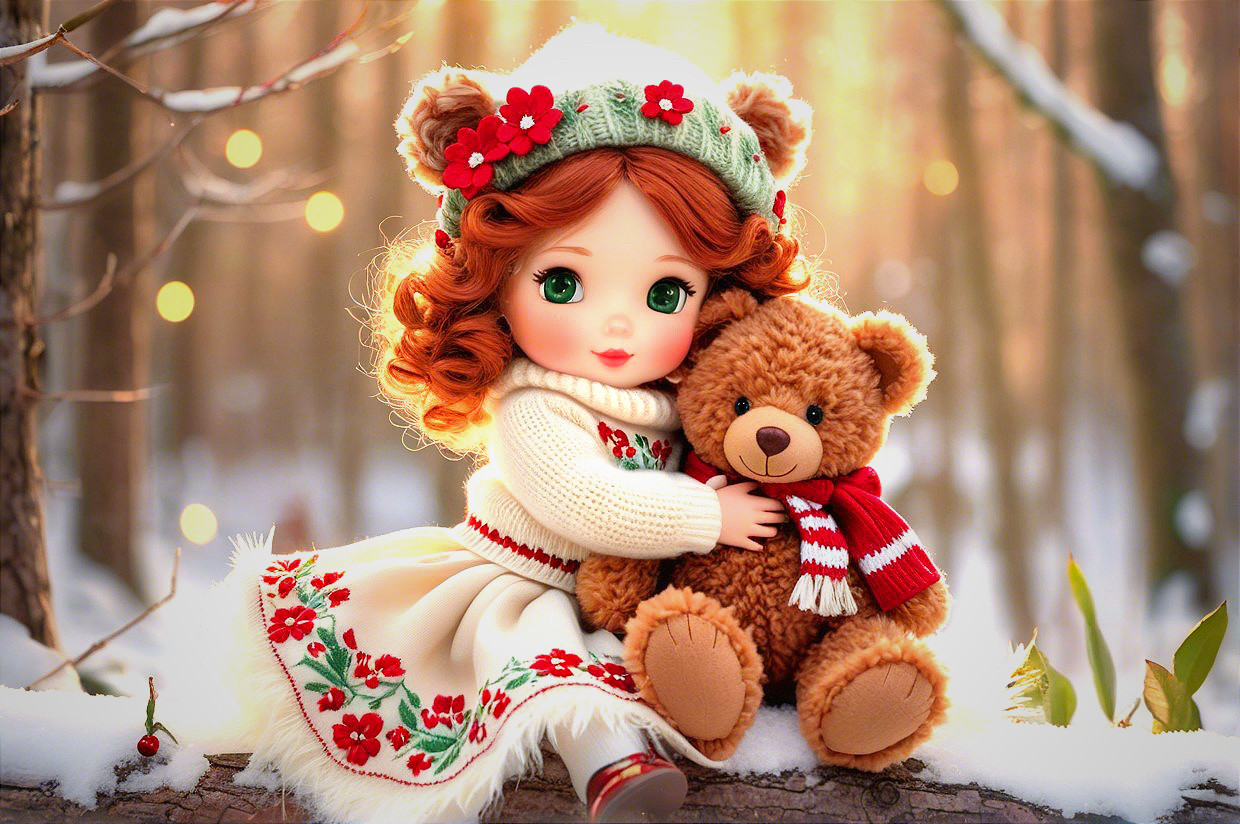 Charming Doll in Snowy Forest with Teddy Bear