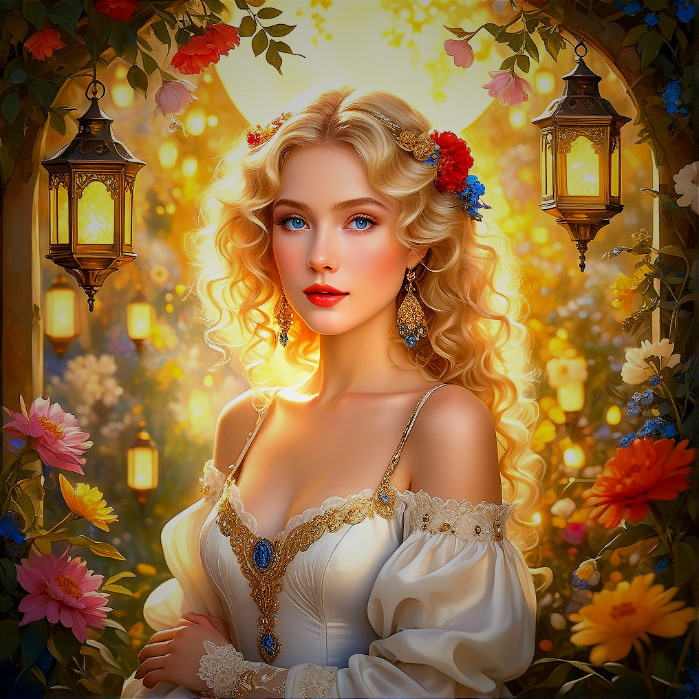 Young Woman in Elegant Gown in Magical Garden Setting