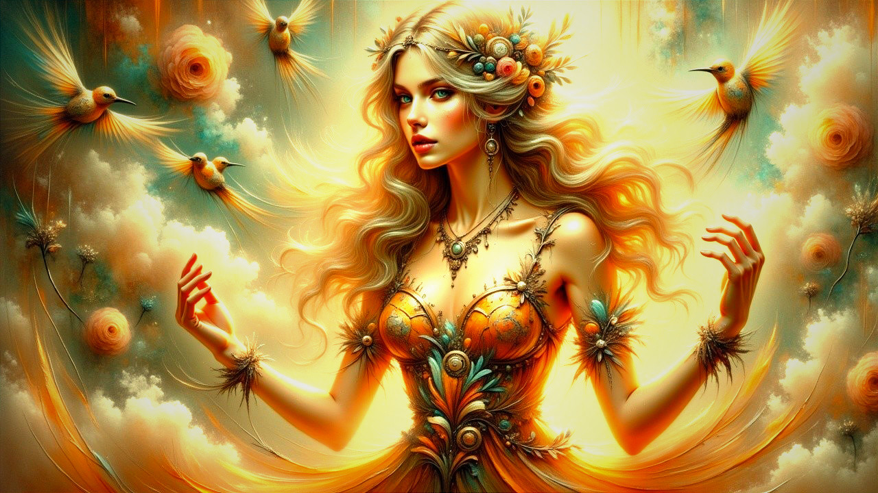 Ethereal Woman in Floral Dress with Dreamlike Background