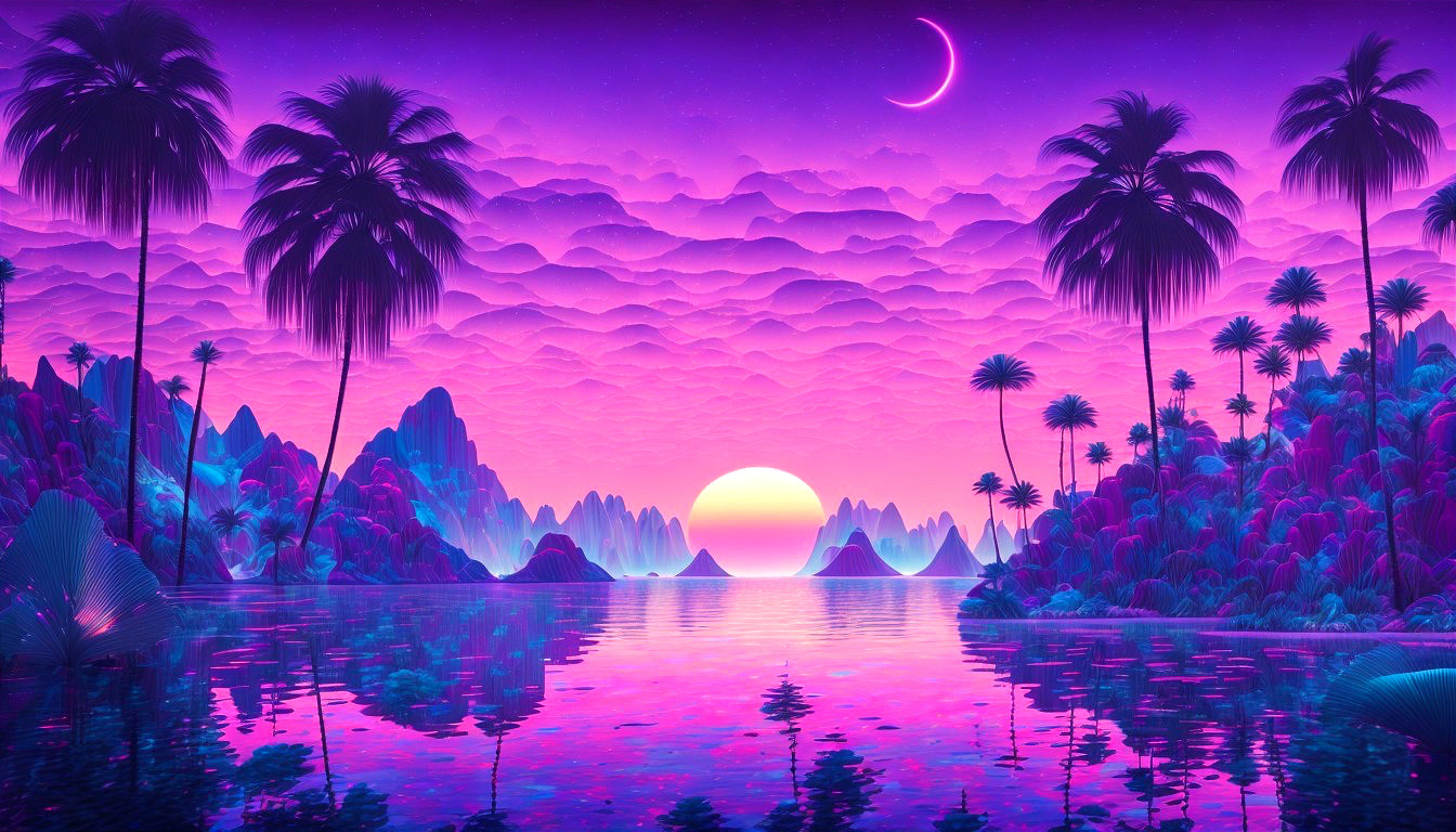 Surreal Twilight Landscape with Vibrant Colors and Mountains