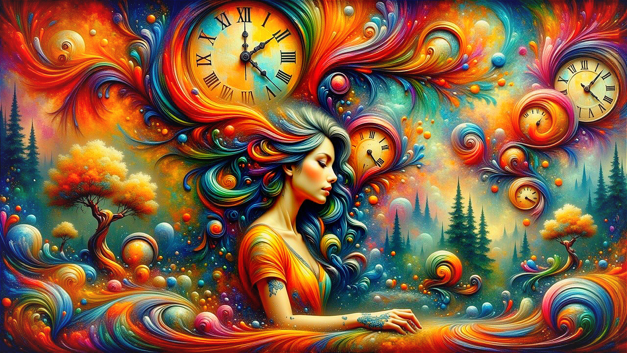 Surreal Artwork of Woman with Colorful Hair and Clocks