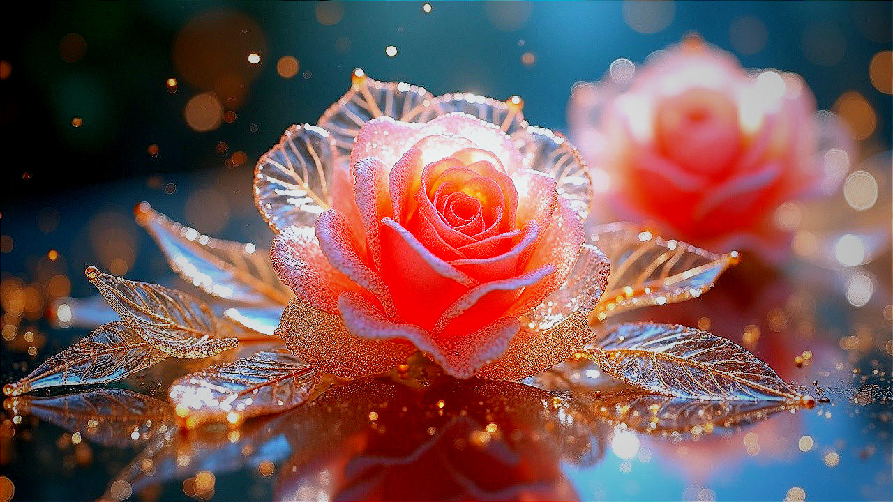 Vibrant Pink Roses with Dew and Shimmering Leaves