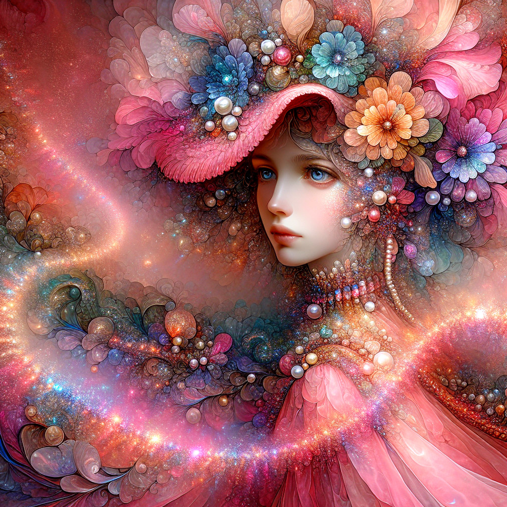 Ethereal Portrait of Woman with Flowers and Pearls