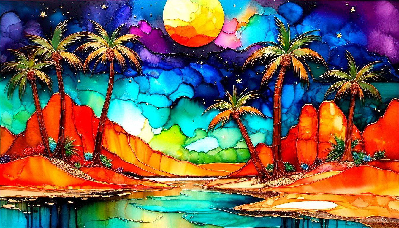 Vibrant Abstract Landscape with Moon and Palm Trees