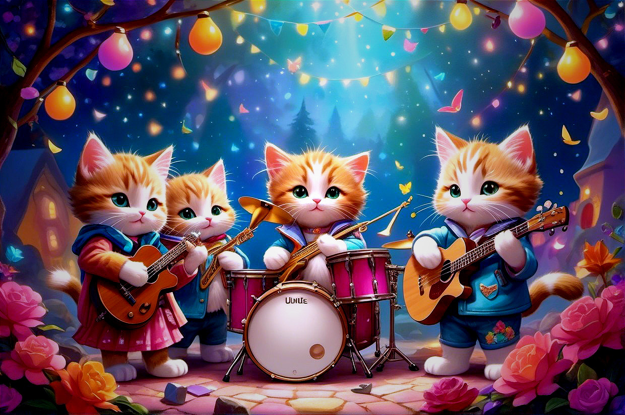 Kittens in Colorful Outfits Playing in a Magical Garden