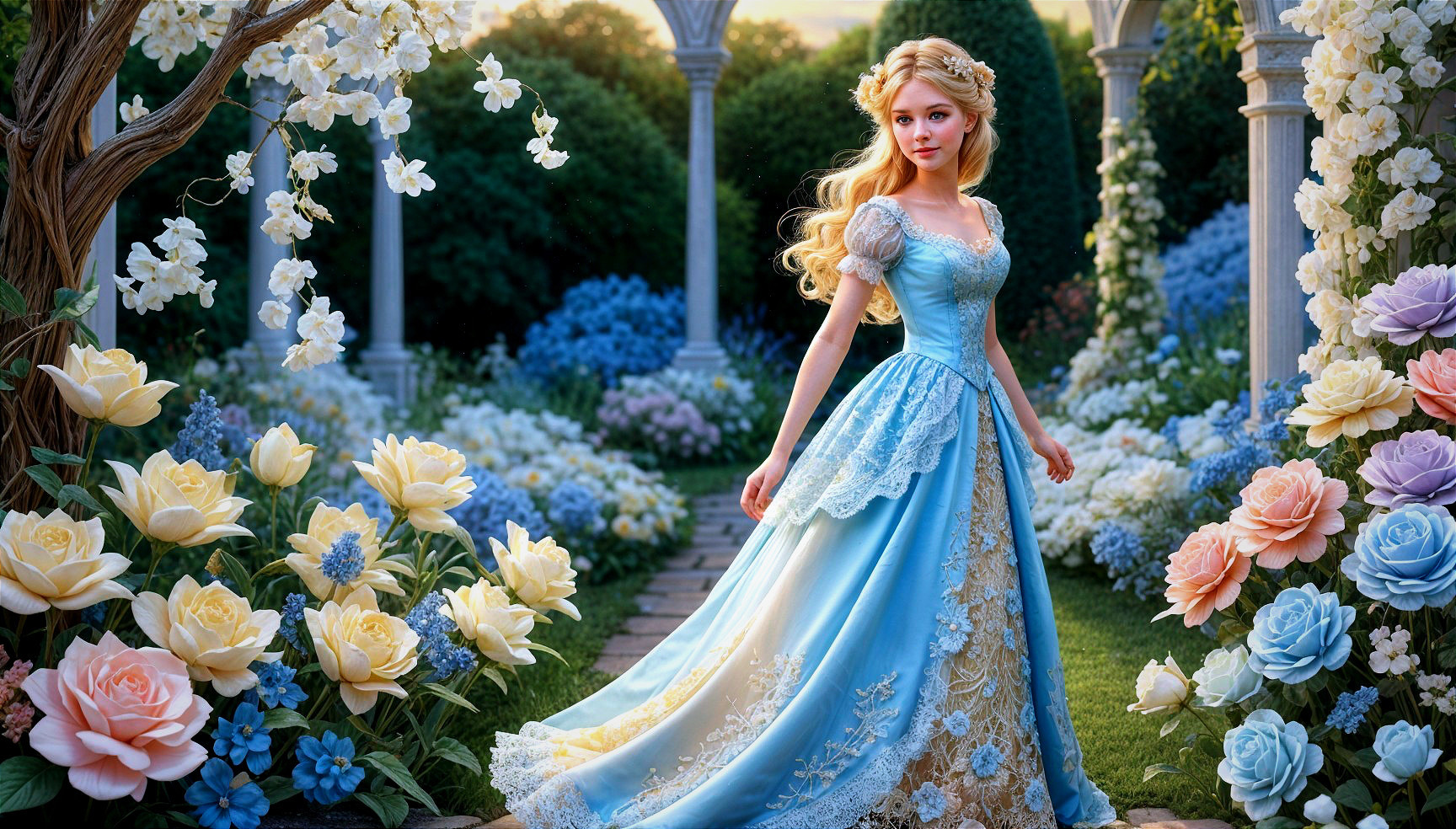 Elegant Woman in Blue Gown in Vibrant Flower Garden