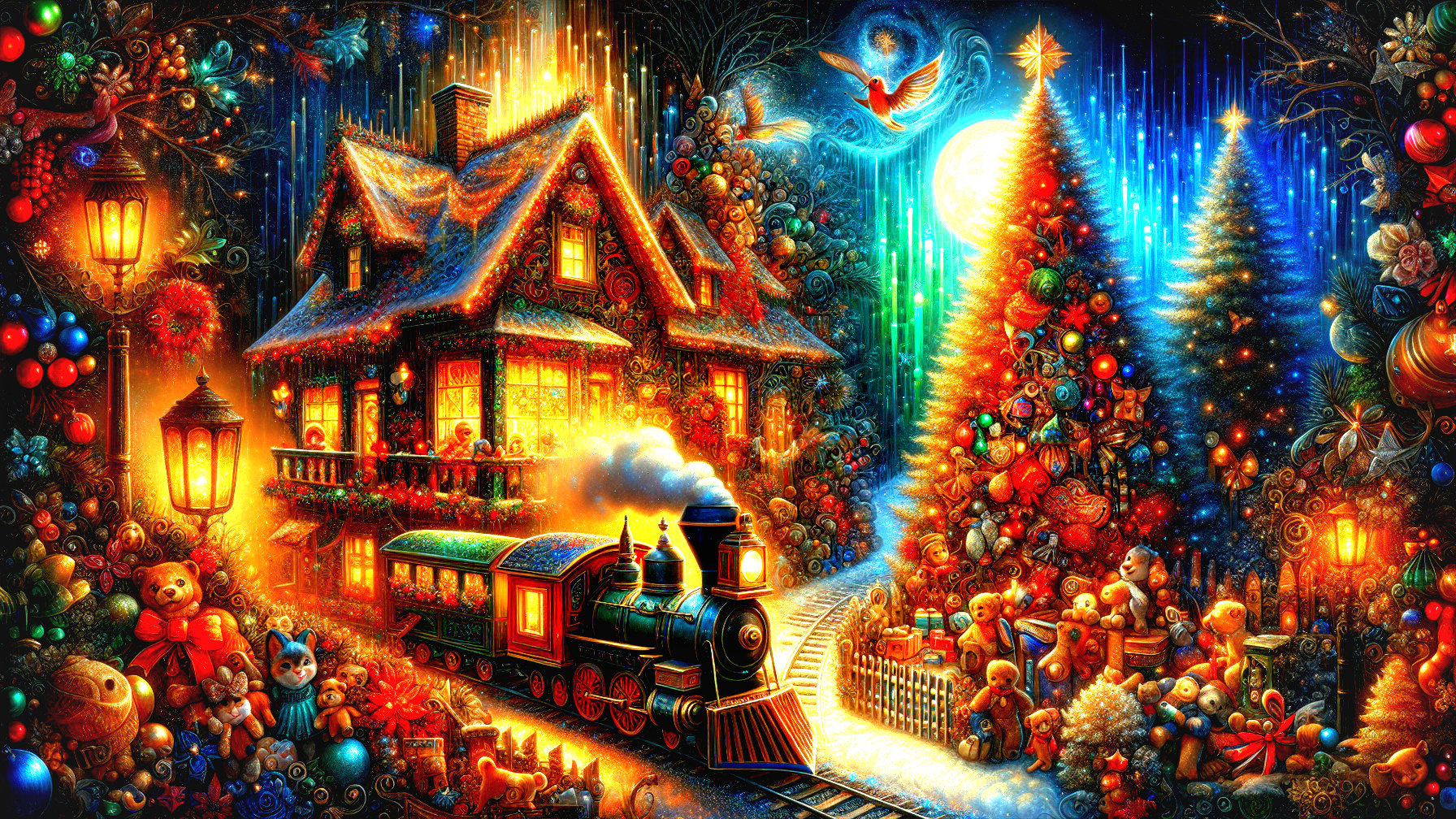 Cozy Holiday Scene with Train and Festive Decorations