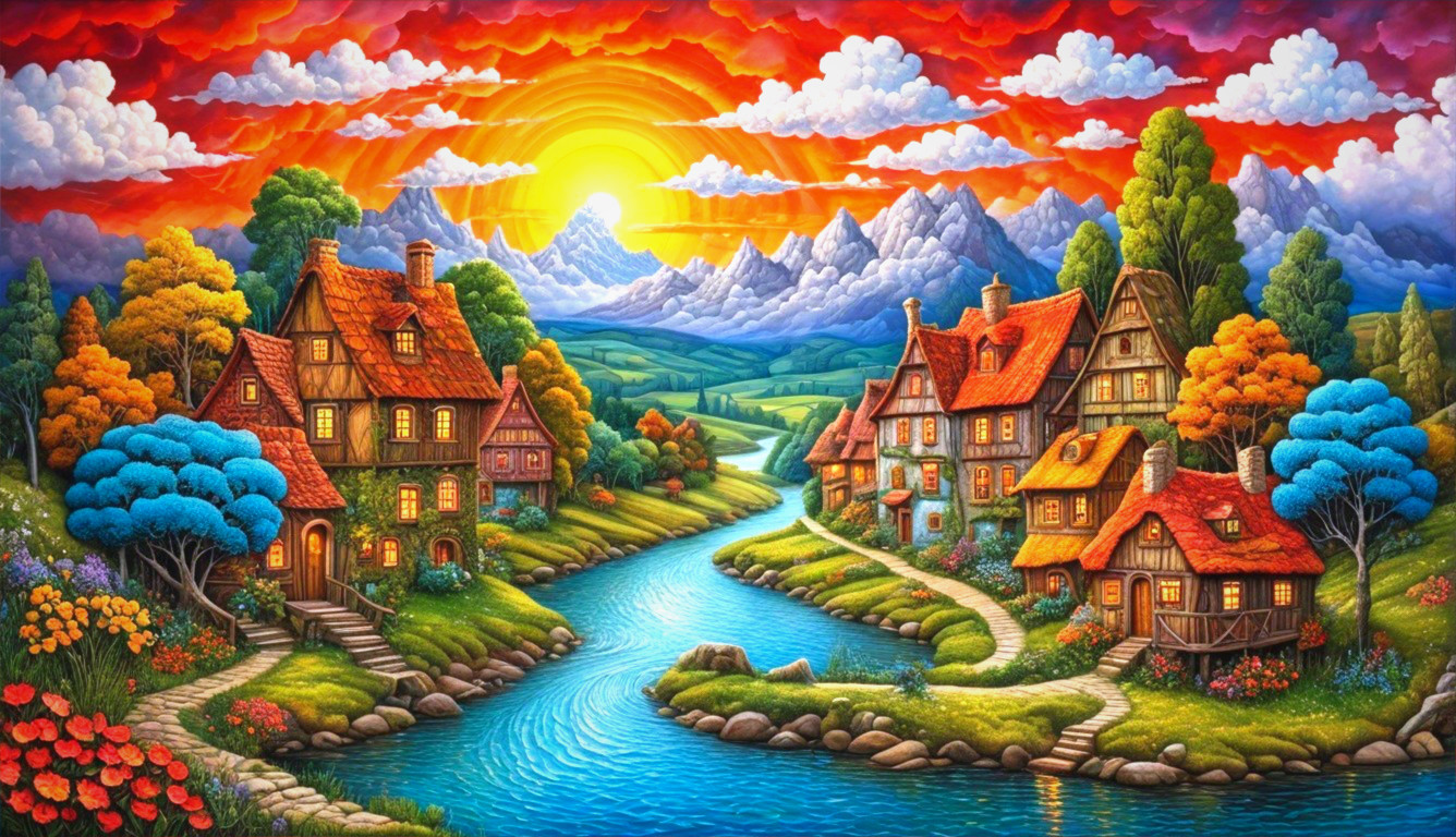 Vibrant Landscape with Cottages and Scenic River