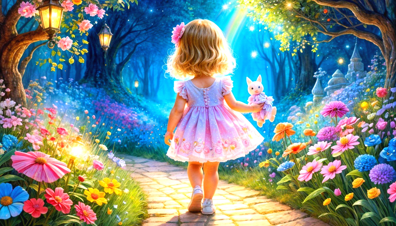 Young girl with bunny on a flower-adorned path