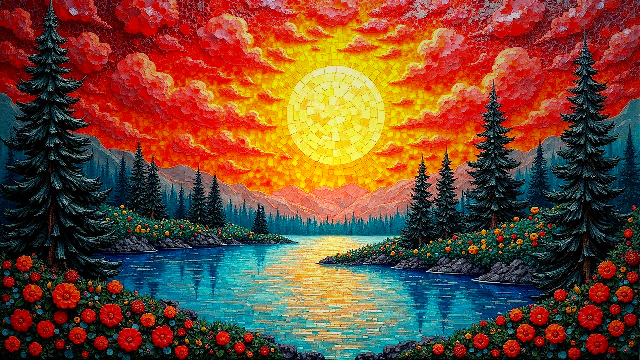 Serene Lake at Sunset with Vibrant Landscape Elements