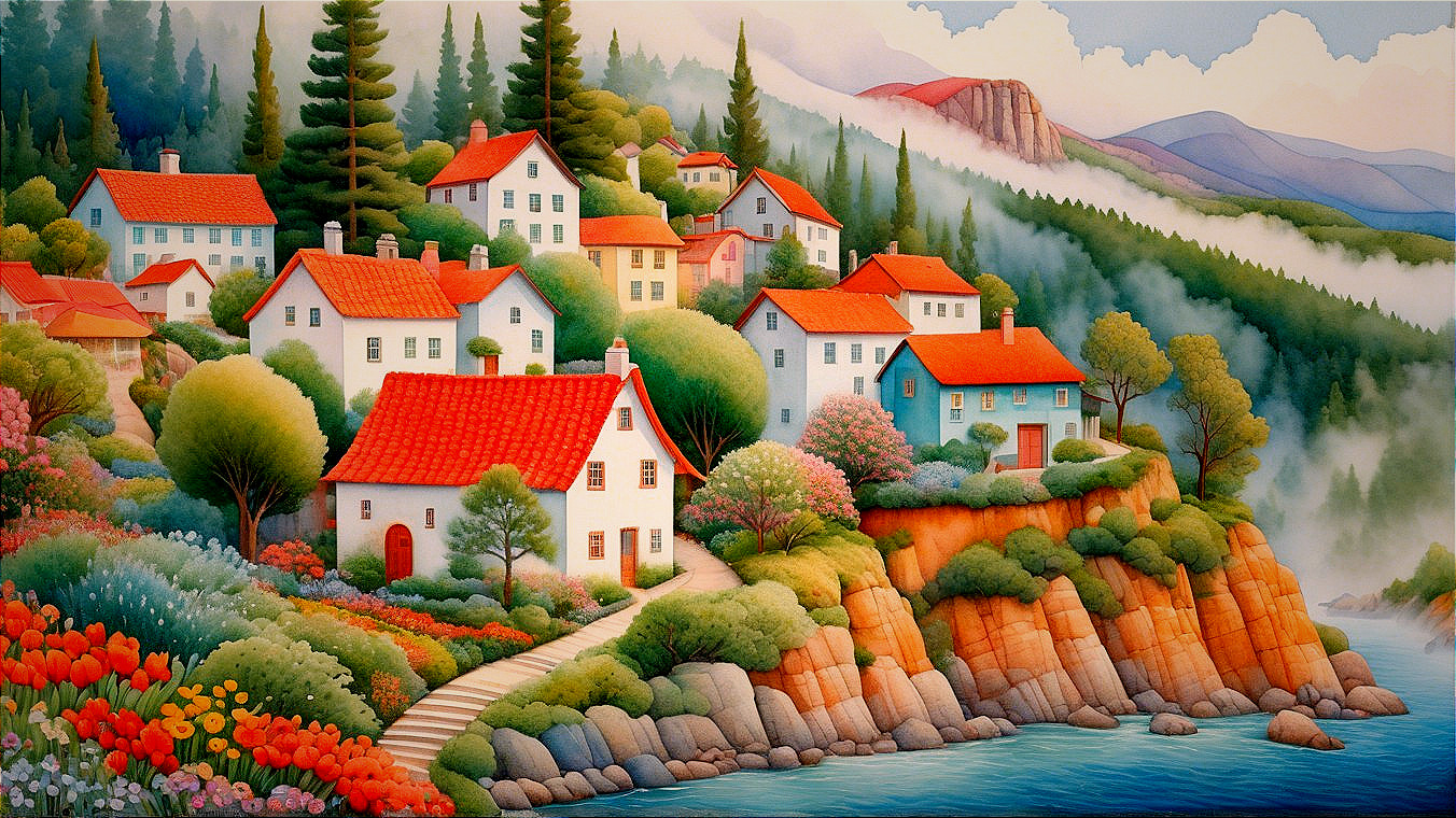Tranquil Landscape with White Houses and Red Roofs