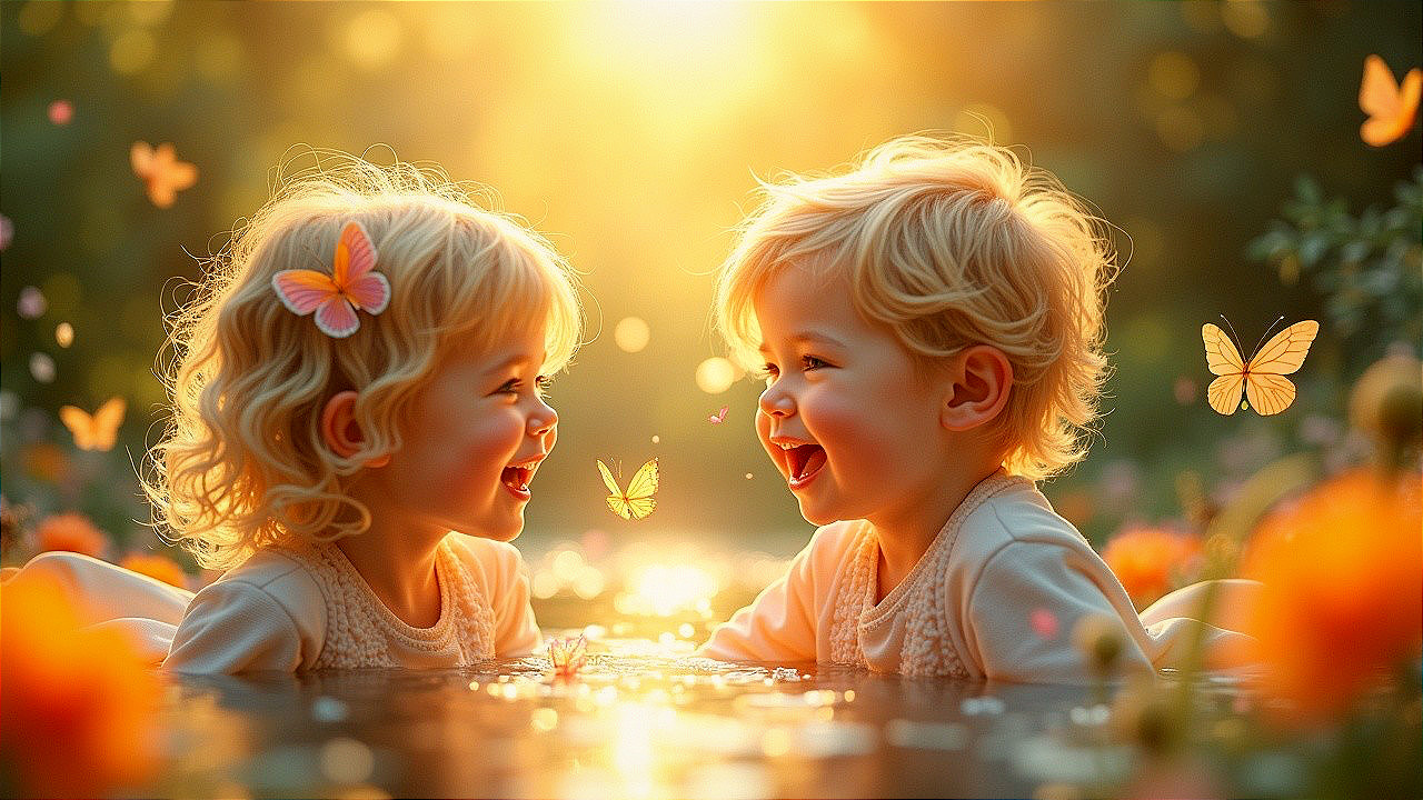 Joyful Children in Sunlit Flower Garden Setting