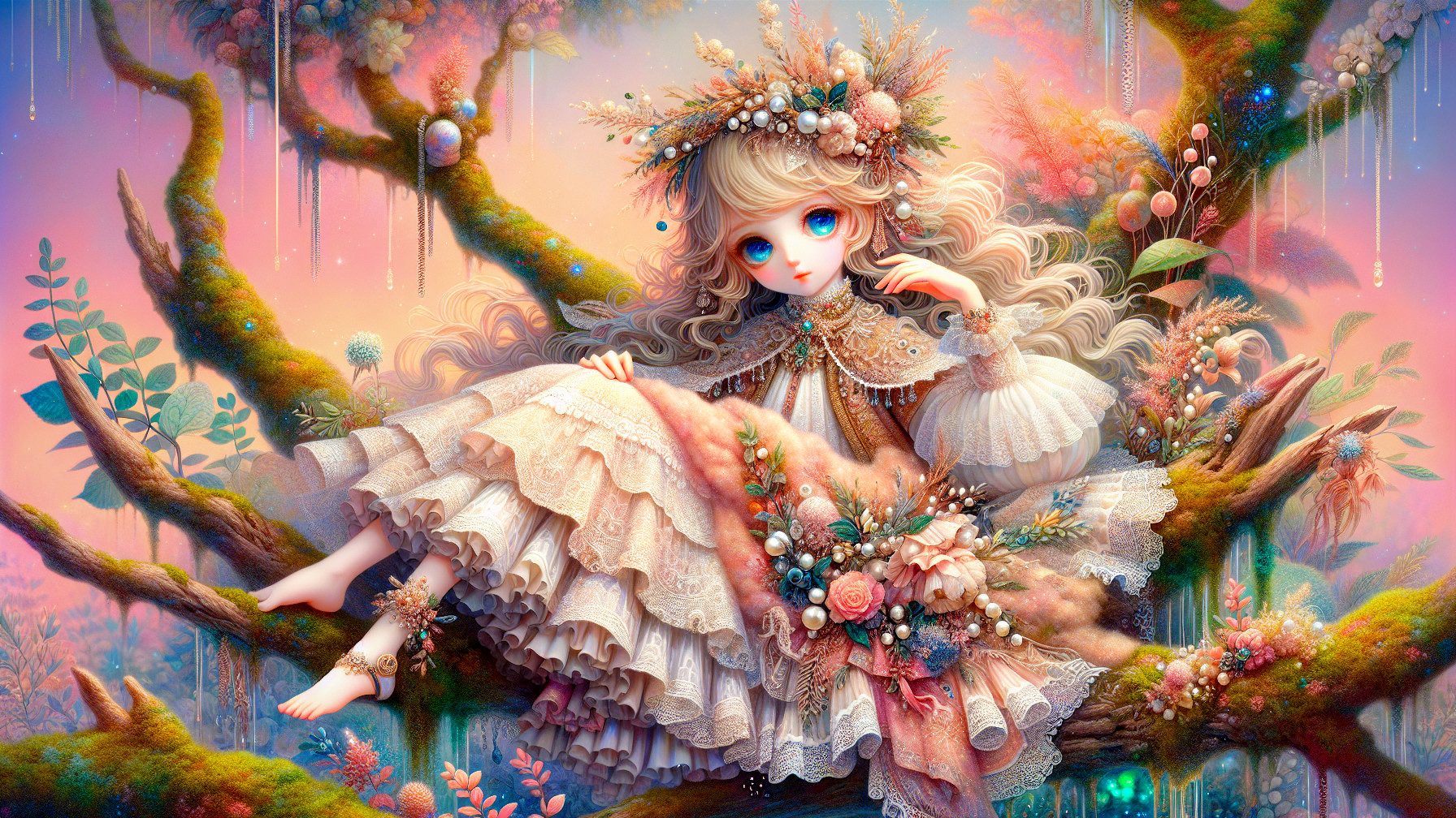Whimsical Scene of Girl in Floral Crown on Tree Branch