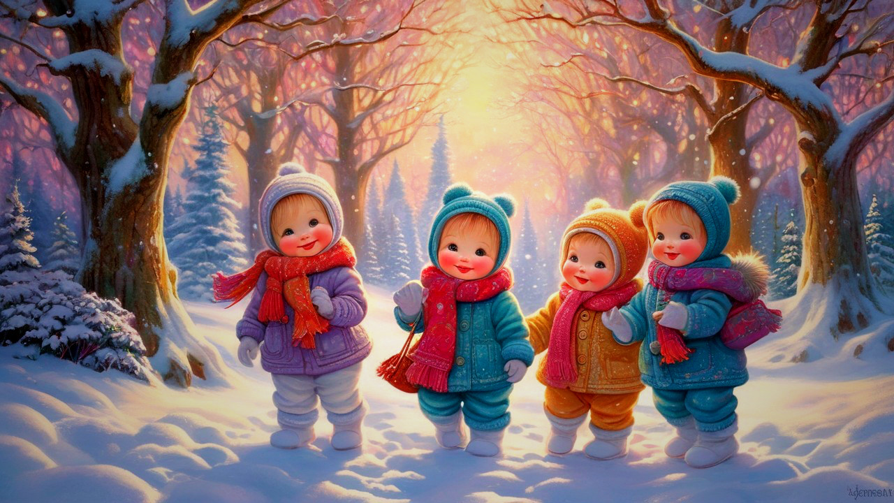 Cheerful Children Walking in a Snowy Winter Scene