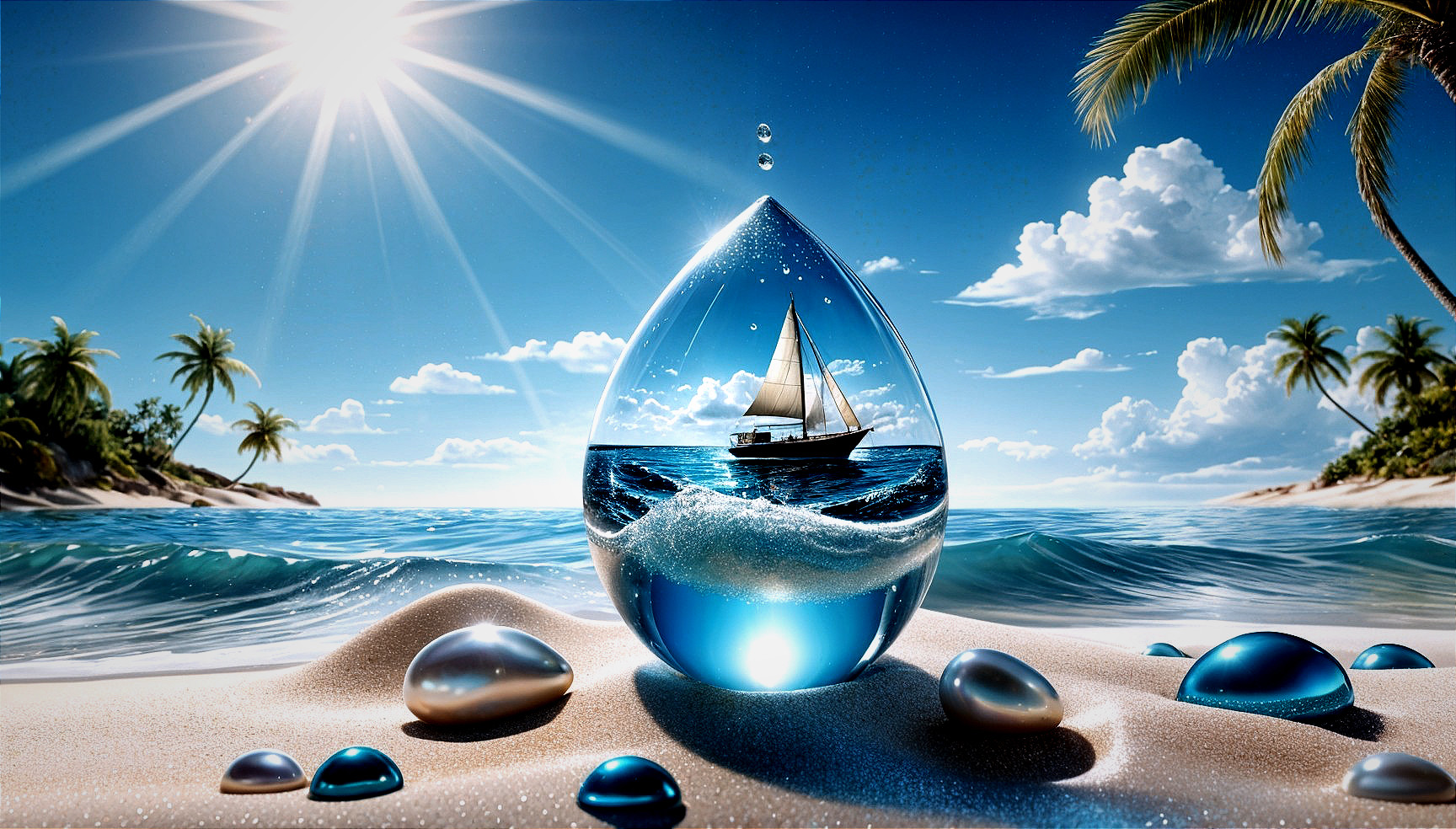 Water Droplet Reflecting Sailboat and Tropical Beach Scene