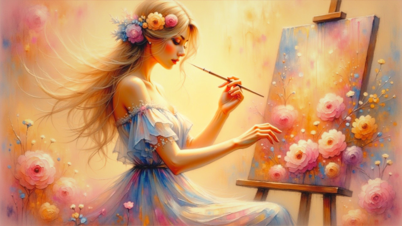 Young Woman Painting in a Dreamy Pastel Setting