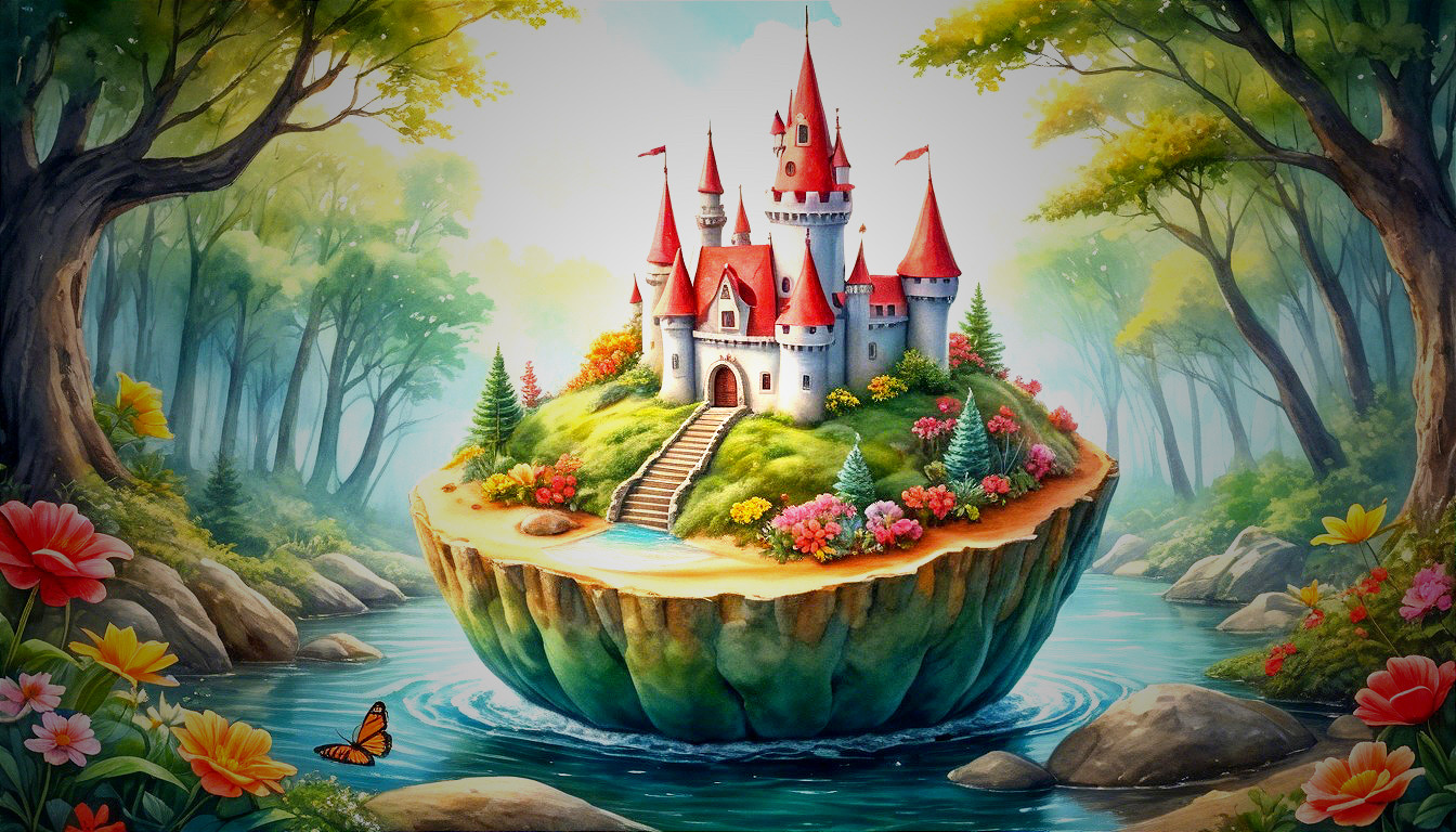 Magical Landscape with Floating Island and Castle