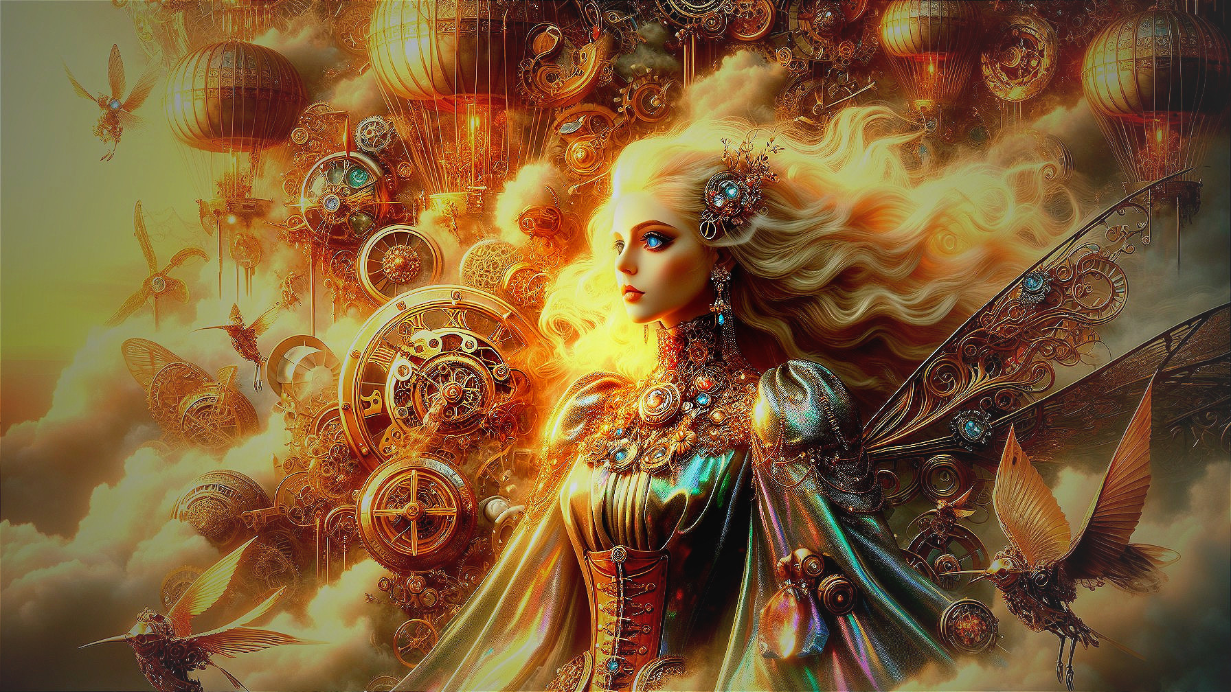 Regal Figure in Steampunk Fantasy Scene with Creatures