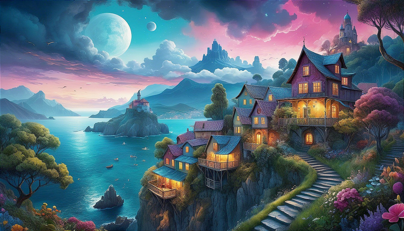 Whimsical Coastal Landscape with Vibrant Sky and Moon