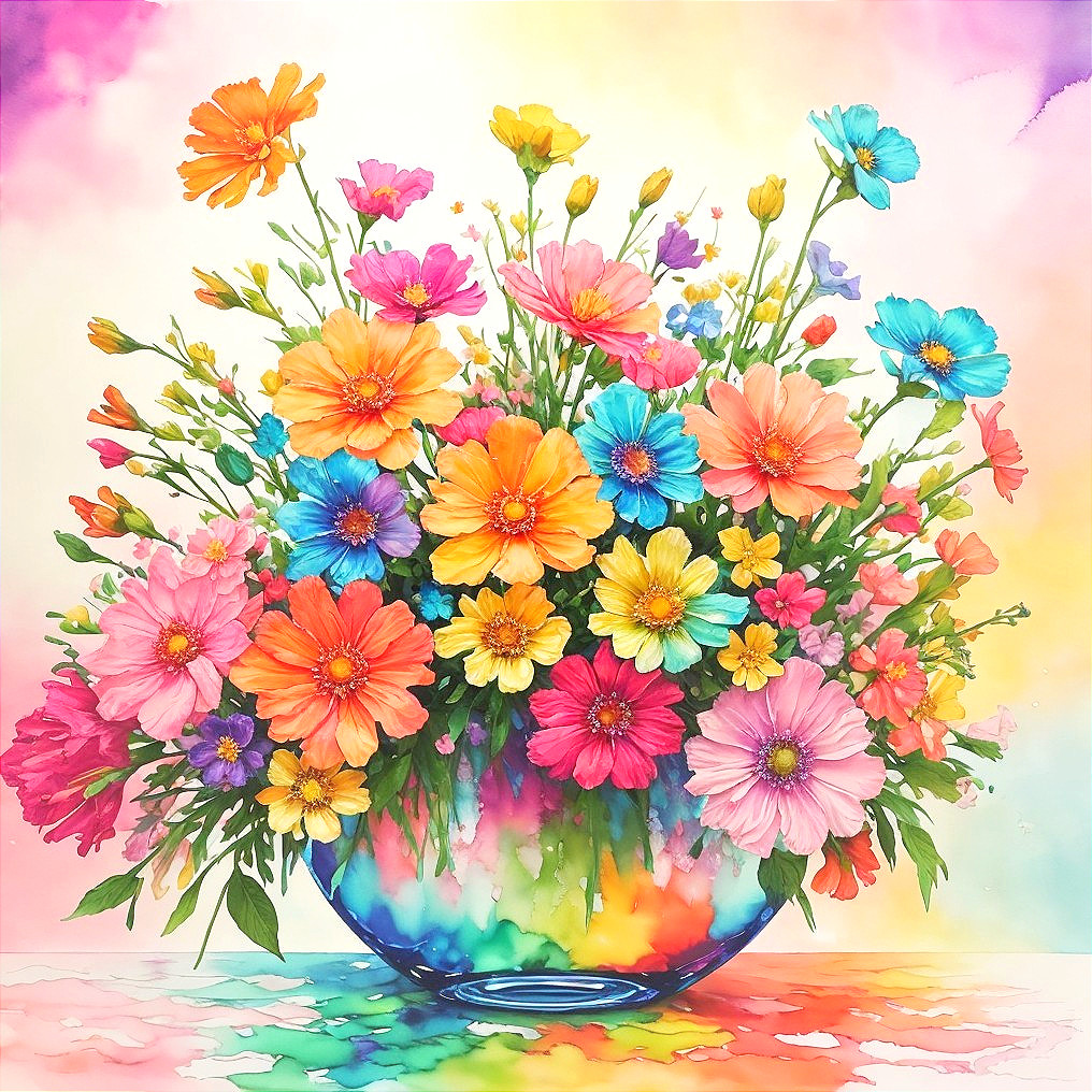 Colorful Blooms in Blue Vase