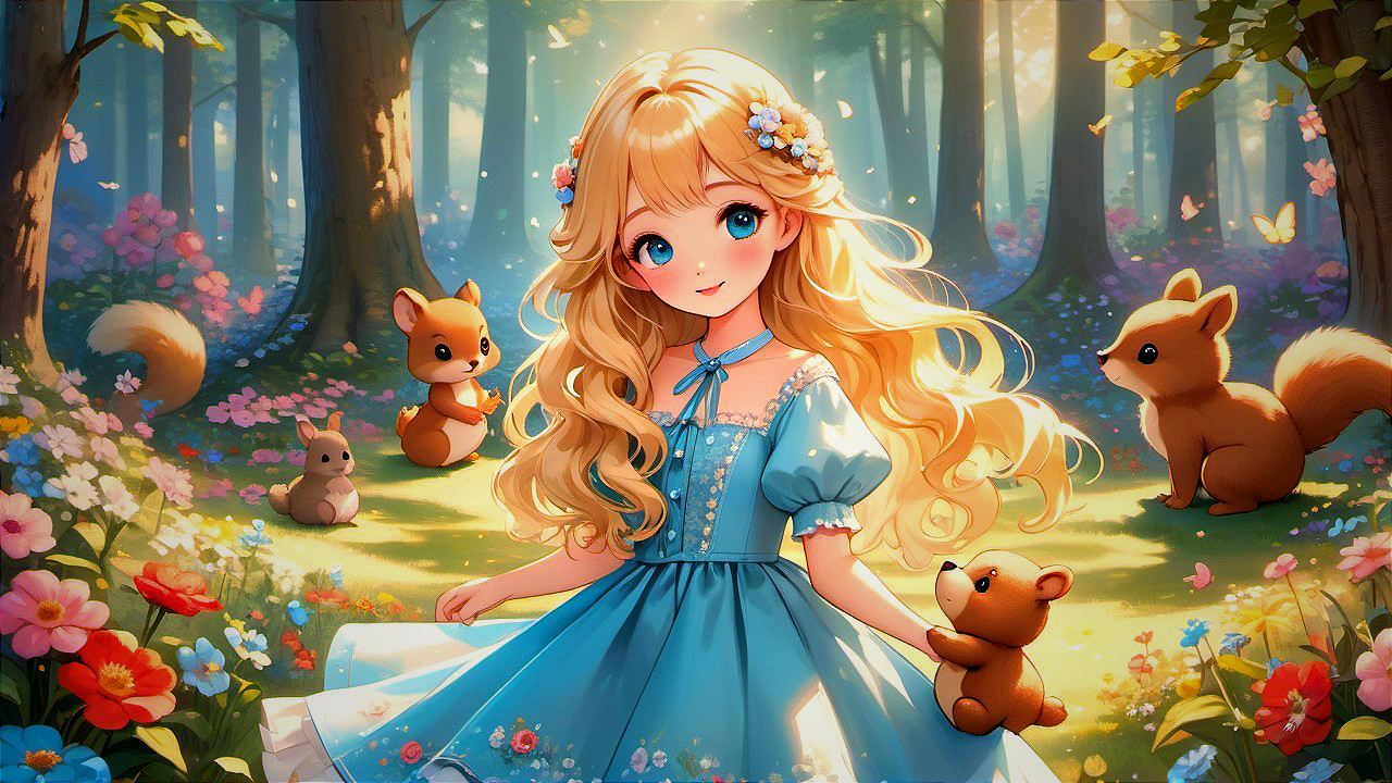 Sunlit Forest Scene with Flowers and Playful Animals