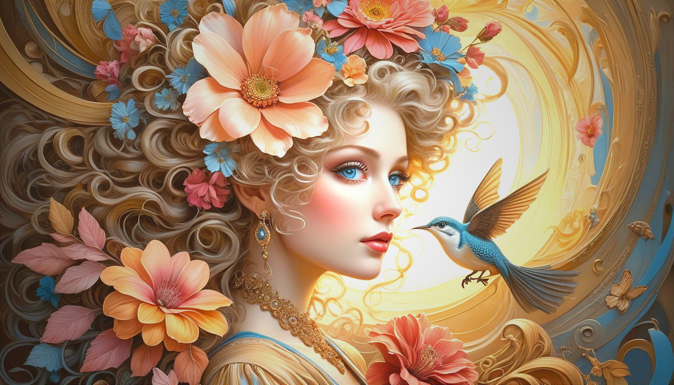 Portrait of a Woman with Flowers and Golden Background