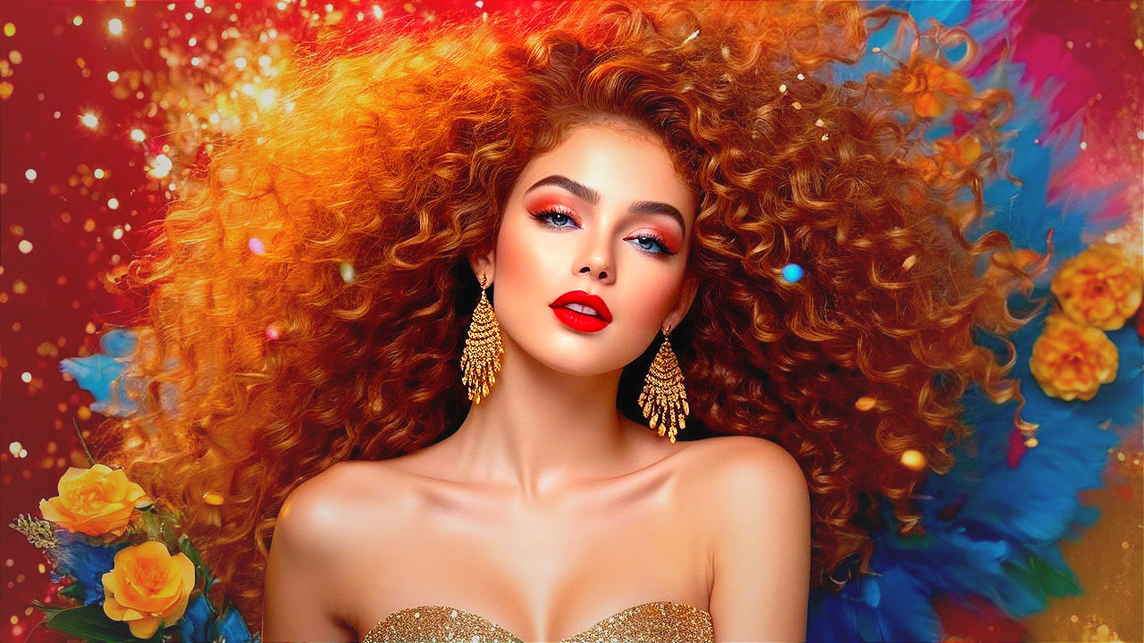 Portrait of a woman with curly red hair and gold accents
