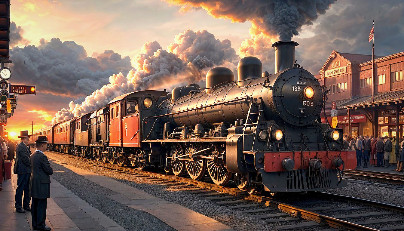 Vintage Steam Locomotive at Sunset Train Station