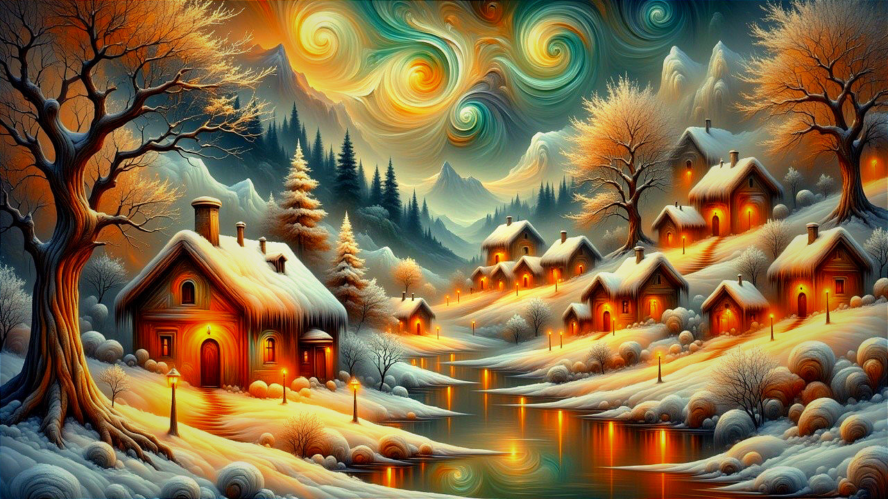 Serene Winter Landscape with Cozy Cottages and River