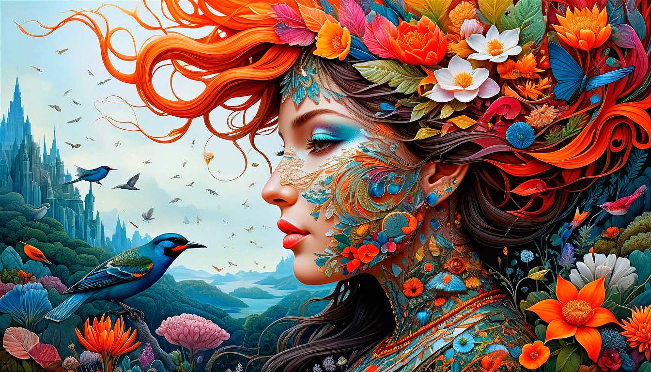 Woman with Floral Patterns in Vibrant Hair and Landscape