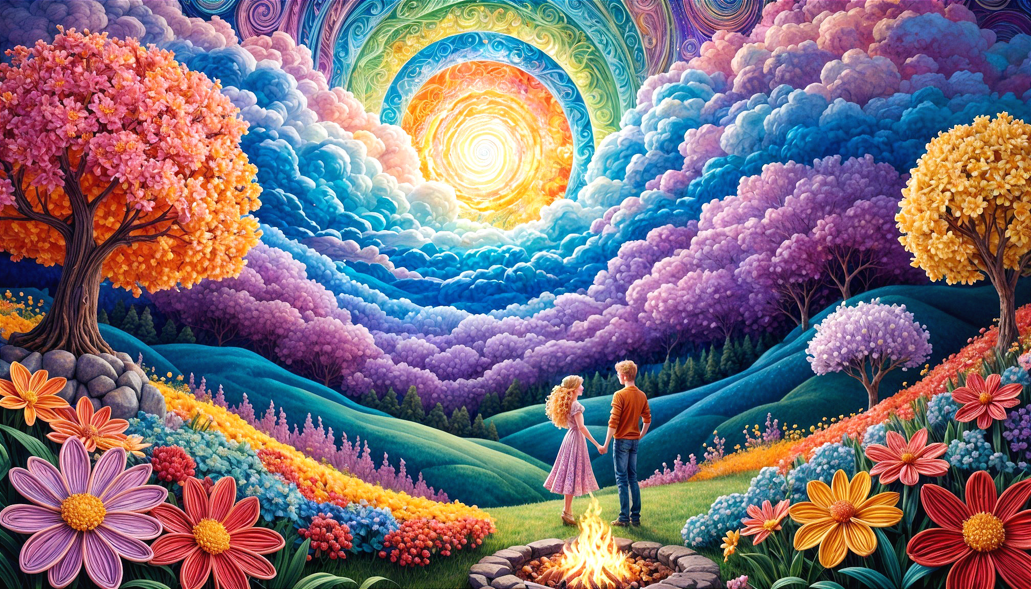 Couple in Colorful Landscape with Radiant Sun and Fire
