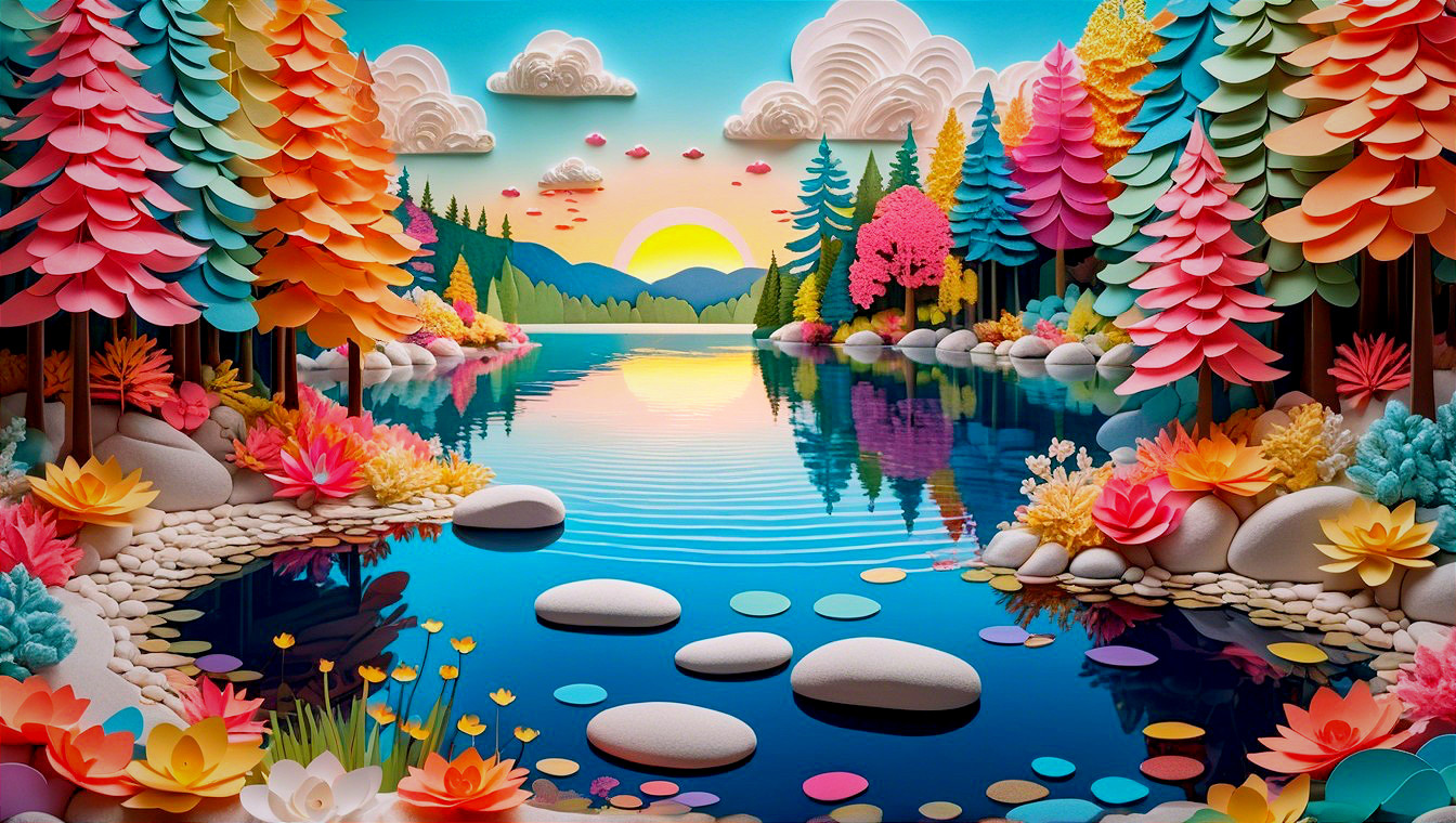 Vibrant Paper Art of Tranquil Lake and Colorful Trees