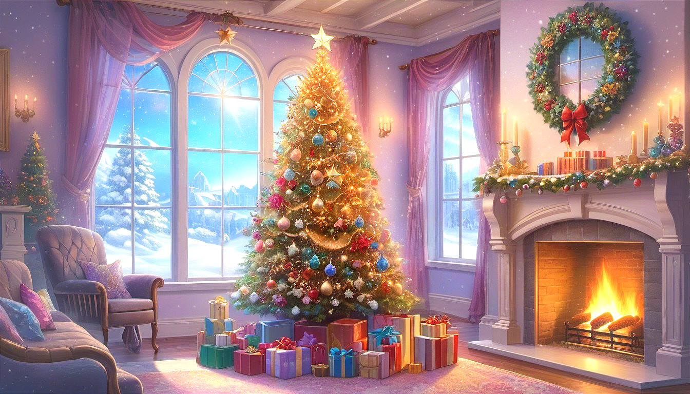 Cozy Christmas Living Room with Tree and Fireplace