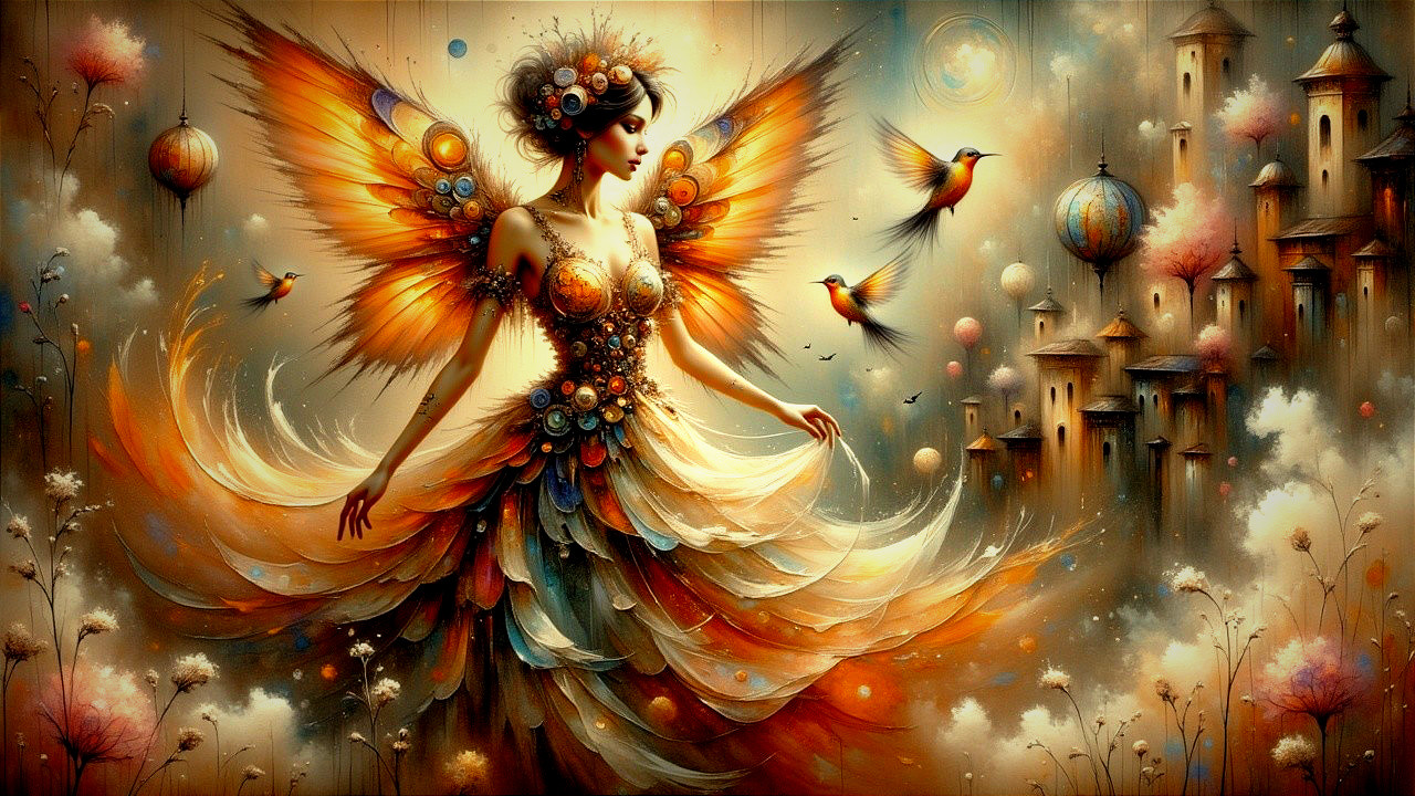 Ethereal Woman with Fiery Wings in Dreamy Landscape