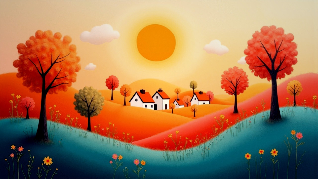 Whimsical Landscape with Colorful Hills and Houses