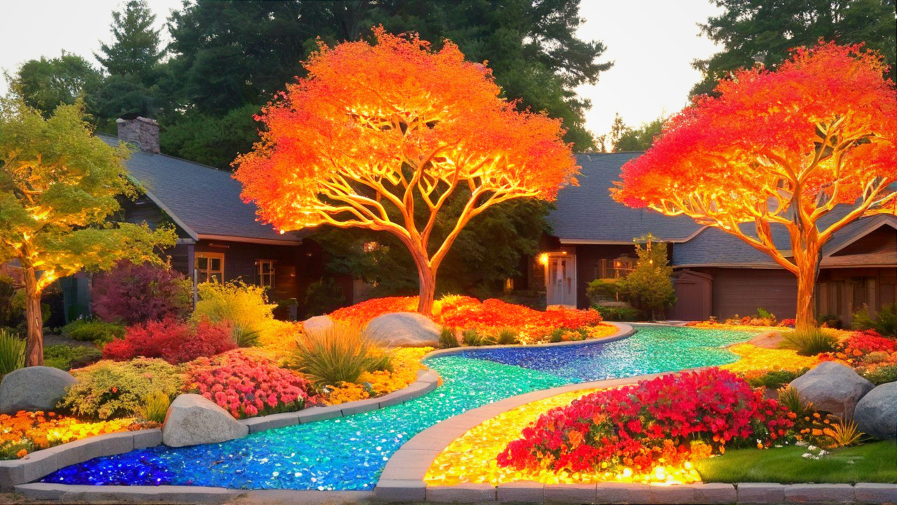 Vibrant Garden with Colorful Flower Beds and Stream