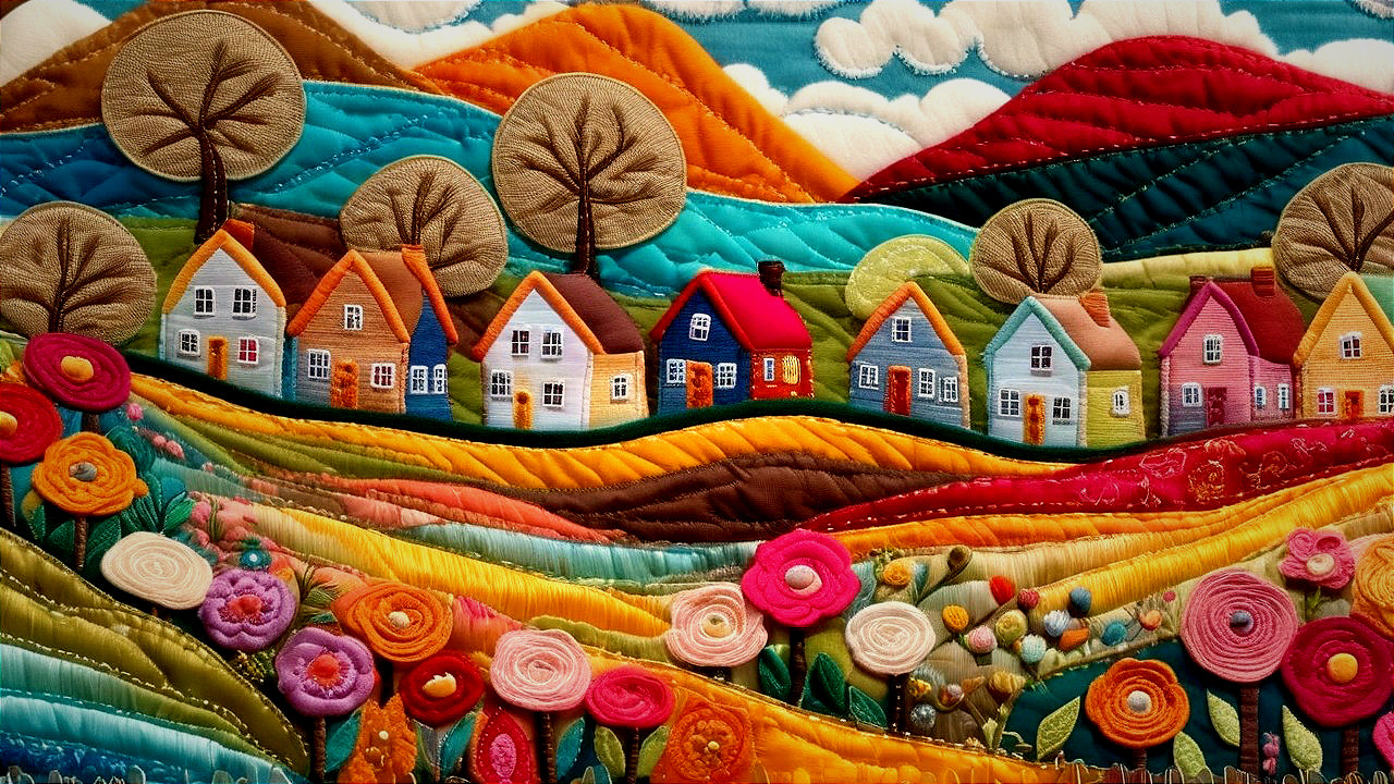 Colorful quilt depicting a vibrant landscape scene