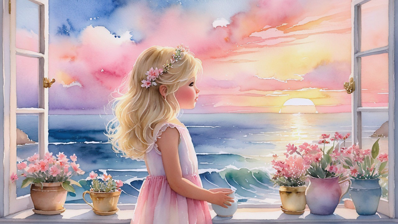Whimsical Scene of a Girl Gazing at a Sunset Ocean
